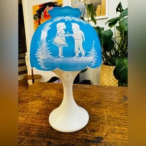 Mary Gregory Westmoreland Satin Glass "Blue Mist" Fairy Lamp Light.
